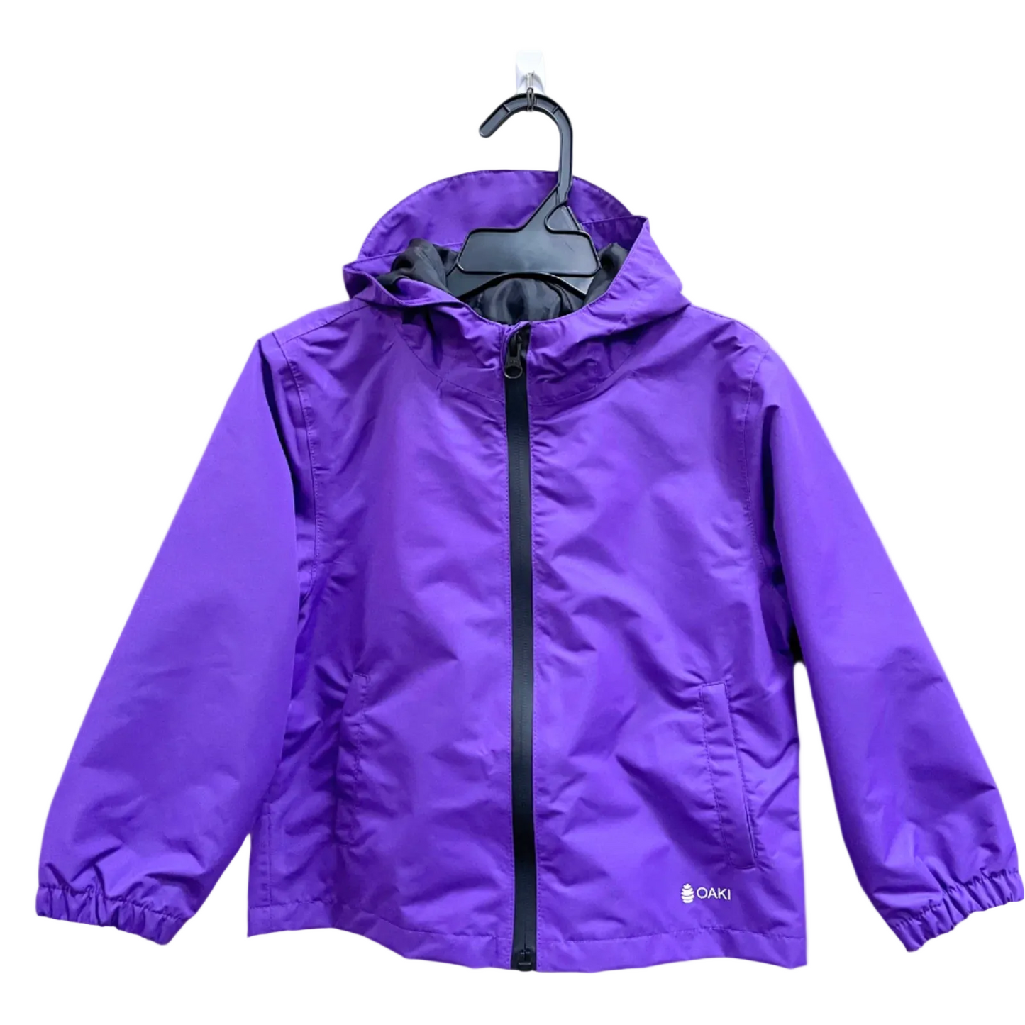 Kids rain shell with hood and a front pocket each side. Shown in deep purple