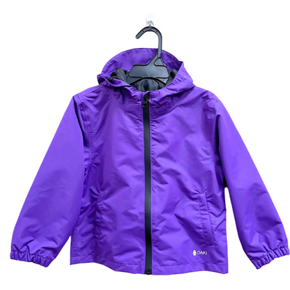 Kids rain shell with hood and a front pocket each side. Shown in deep purple