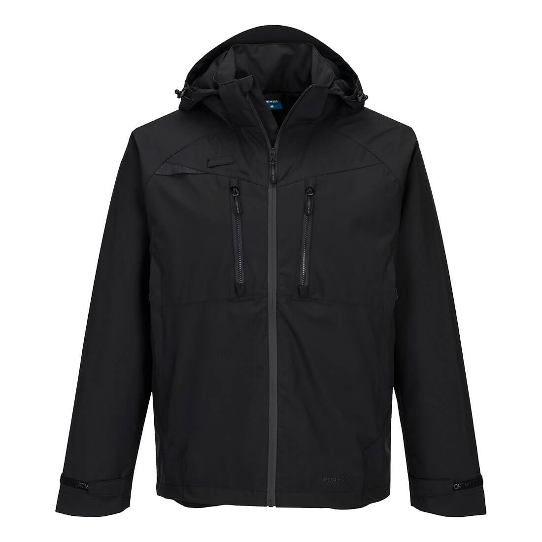 Black rain jacket with front chest pocket, front view