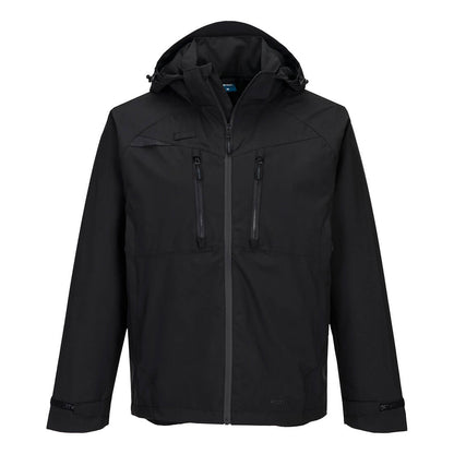 Black rain jacket with front chest pocket, front view
