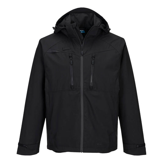 Black rain jacket with front chest pocket, front view