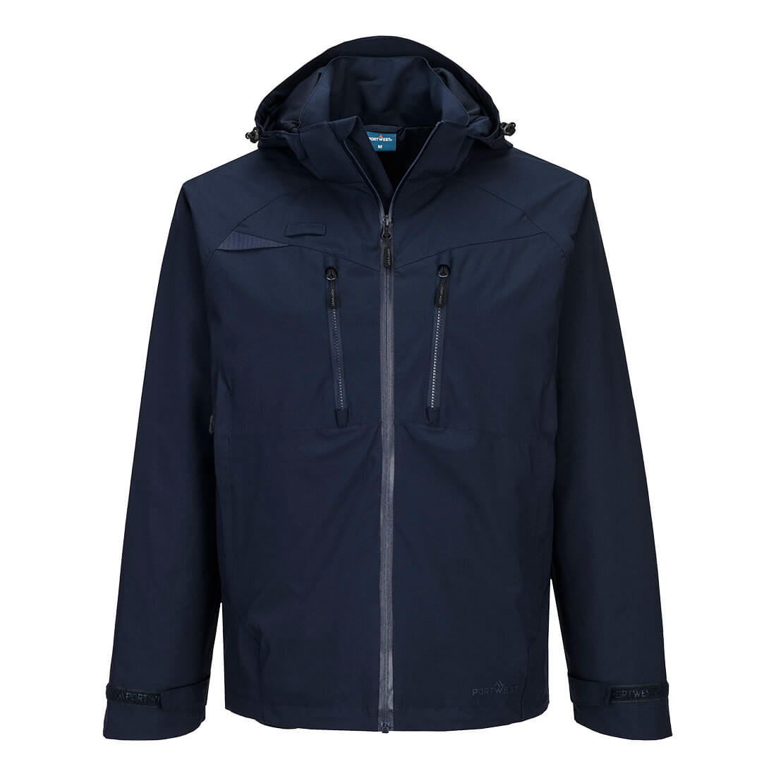 Navy rain jacket with front chest pocket, front view
