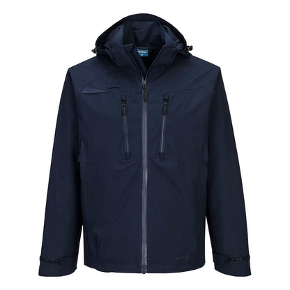 Navy rain jacket with front chest pocket, front view