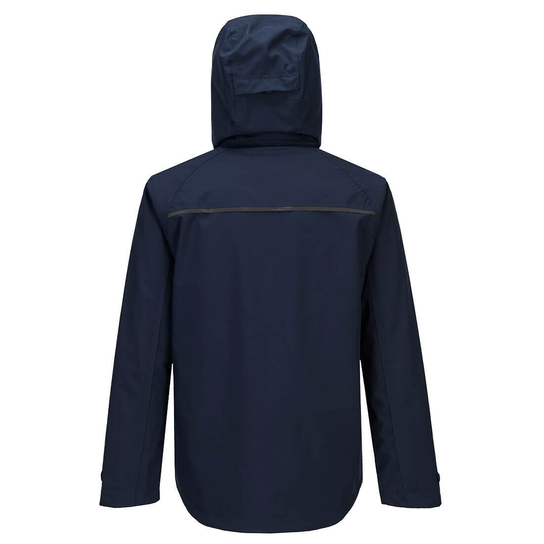 Navy rain jacket with hood up, back view