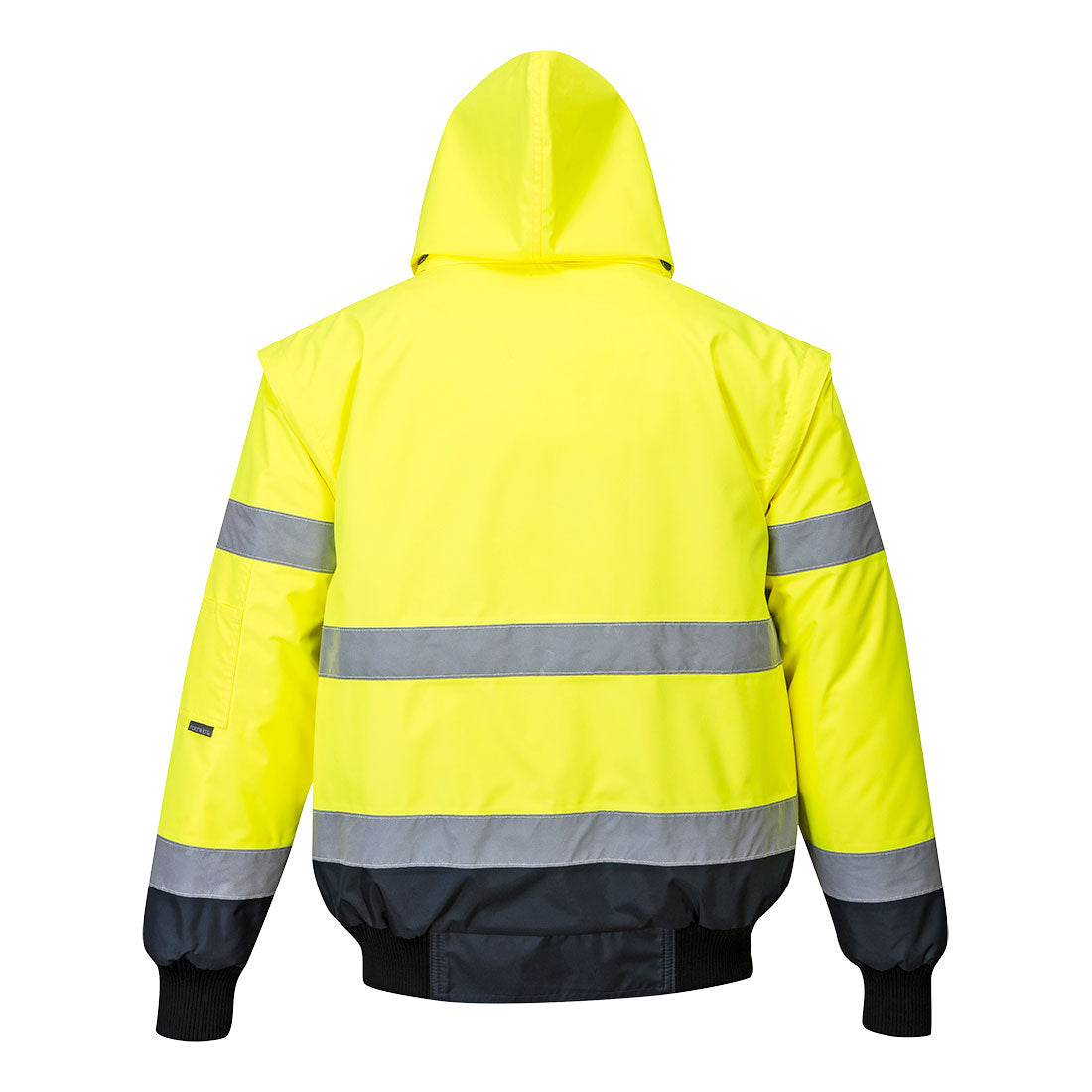 Yellow safety jacket with reflective stripes on a white background