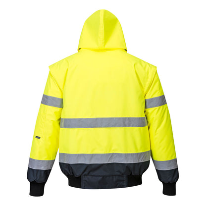 Yellow safety jacket with reflective stripes on a white background