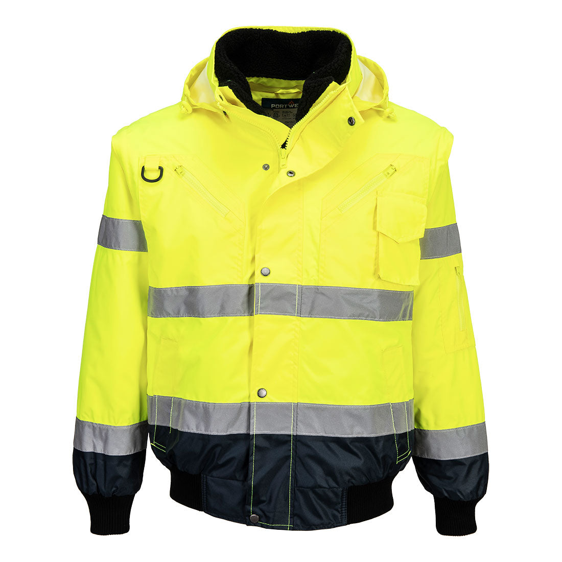 Yellow safety jacket with reflective stripes on a white background