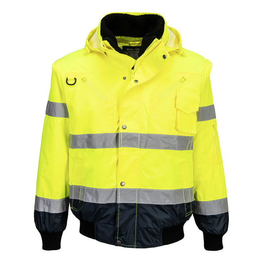 Yellow safety jacket with reflective stripes on a white background