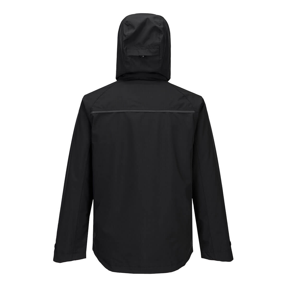 Black rain jacket with hood up, back view