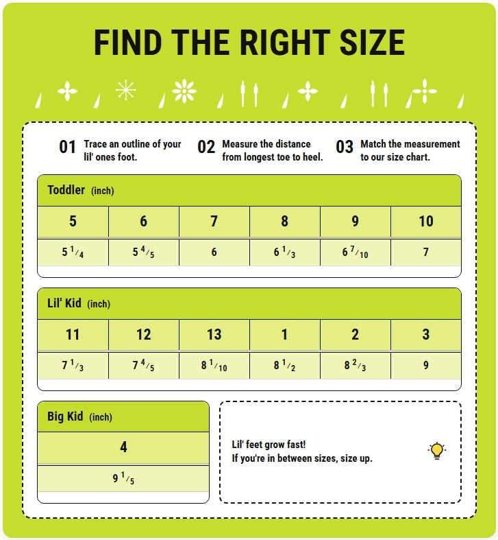 Foot size chart for toddlers, lil' kids, and big kids on a green background
