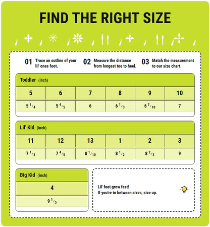 Foot size chart for toddlers, lil' kids, and big kids on a green background