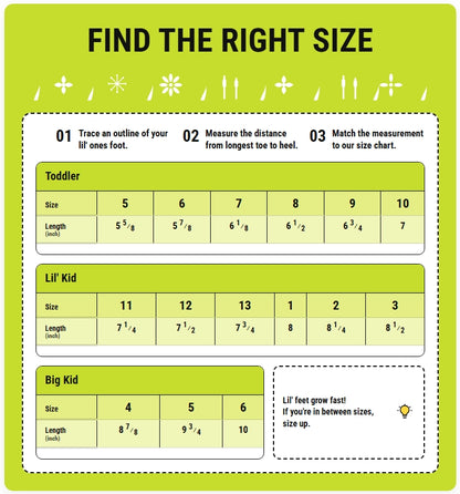 A size chart graphic titled 'FIND THE RIGHT SIZE' with three sections for Toddler, Lil' Kid, and Big Kid, showing size numbers from 4 to 10 with corresponding length measurements in inches. The chart has a bright lime green background with white panels and black text.