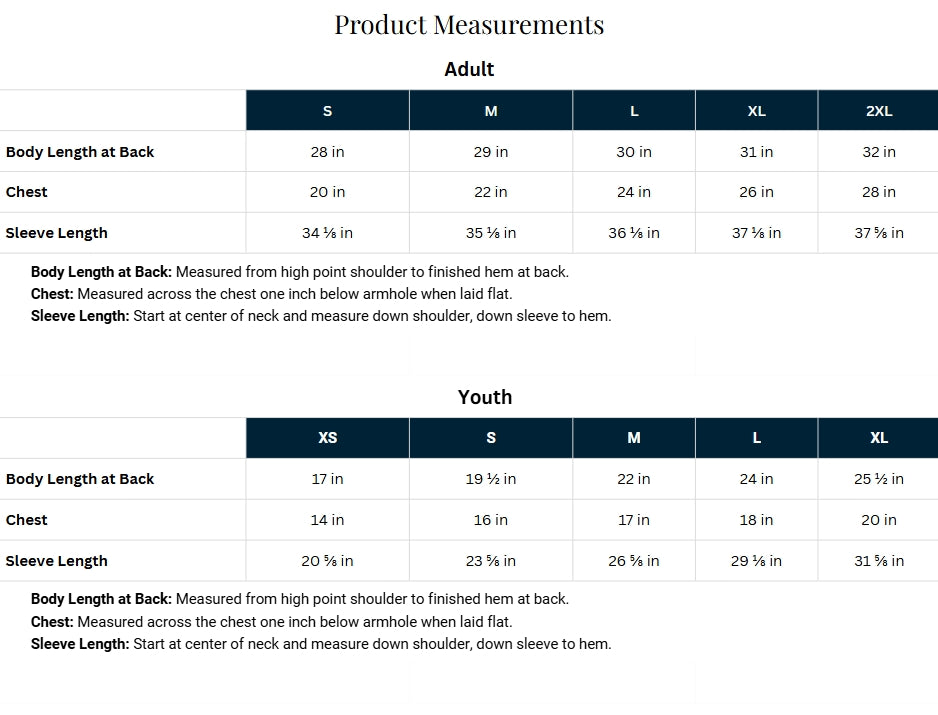 A product measurements chart showing sizing tables for Adult and Youth sizes, with columns for S, M, L, XL, and 2XL, listing body length at back, chest, and sleeve length in inches.