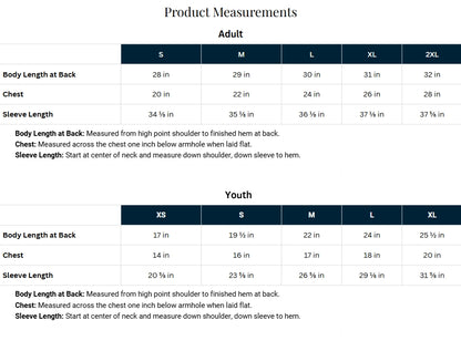 A product measurements chart showing sizing tables for Adult and Youth sizes, with columns for S, M, L, XL, and 2XL, listing body length at back, chest, and sleeve length in inches.