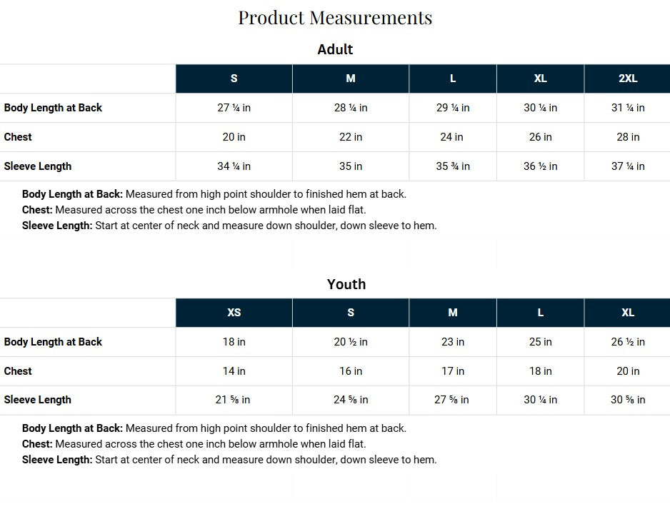 Product measurements chart showing sizing tables for Adult and Youth sizes, with columns for Body Length at Back, Chest, and Sleeve Length in inches.