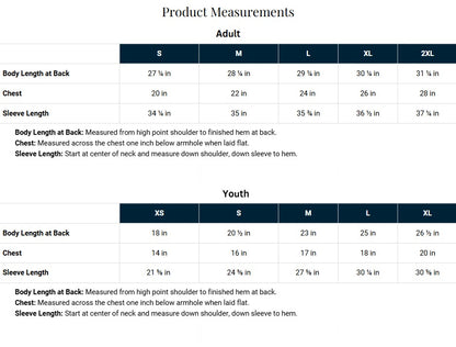 Product measurements chart showing sizing tables for Adult and Youth sizes, with columns for Body Length at Back, Chest, and Sleeve Length in inches.