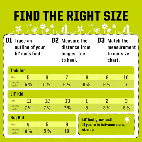 Foot size chart for toddlers, lil' kids, and big kids on a green background with floral designs.