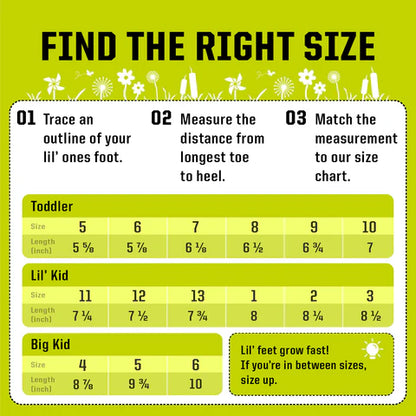 Foot size chart for toddlers, lil' kids, and big kids on a green background with floral designs.