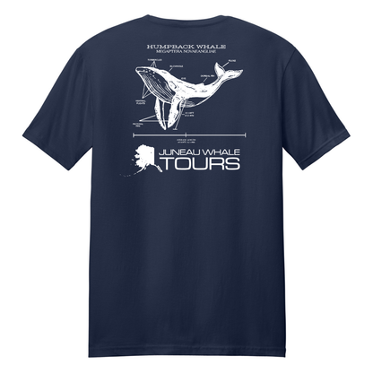 Navy blue t-shirt with whale diagram and 'Juneau Whale Tours' text on a white background