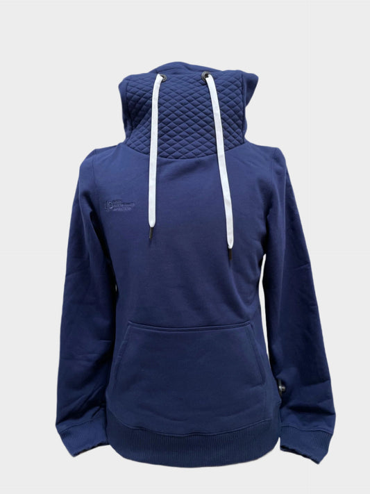 unisex pullover hoodie with quilted mask and hood and white drawstrings. embroidery on left chest,  features kangaroo pocket. Shown in deep blue.