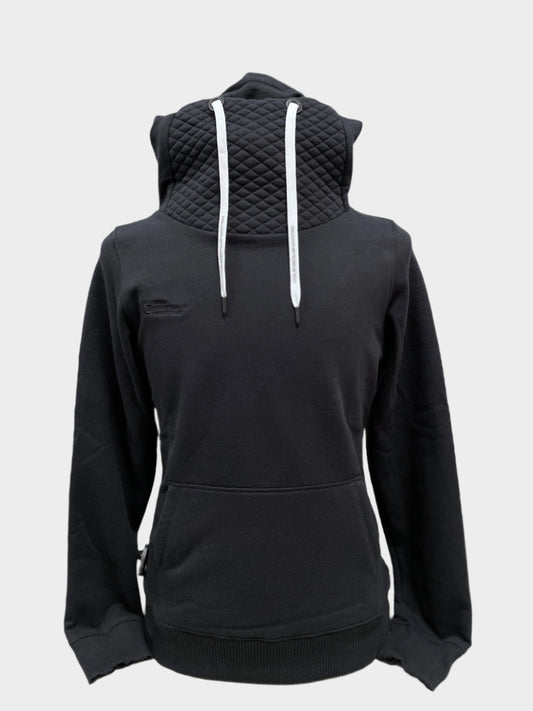Pullover hoodie with mask and hood, features kangaroo pocket. Shown in black