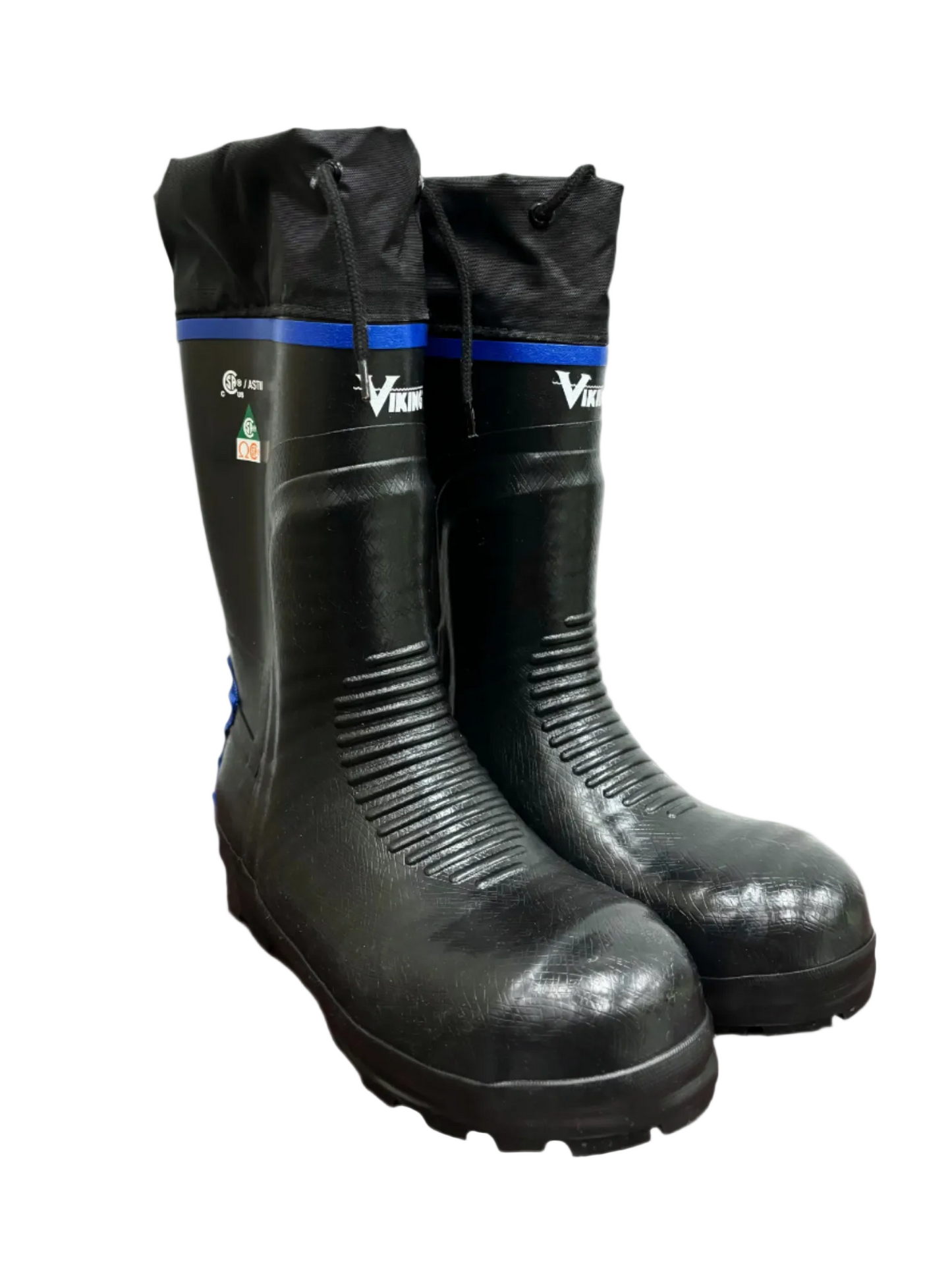 A pair of black, rubber construction boots with steel toe and sole plate, featuring a snug fit and wide calf.
