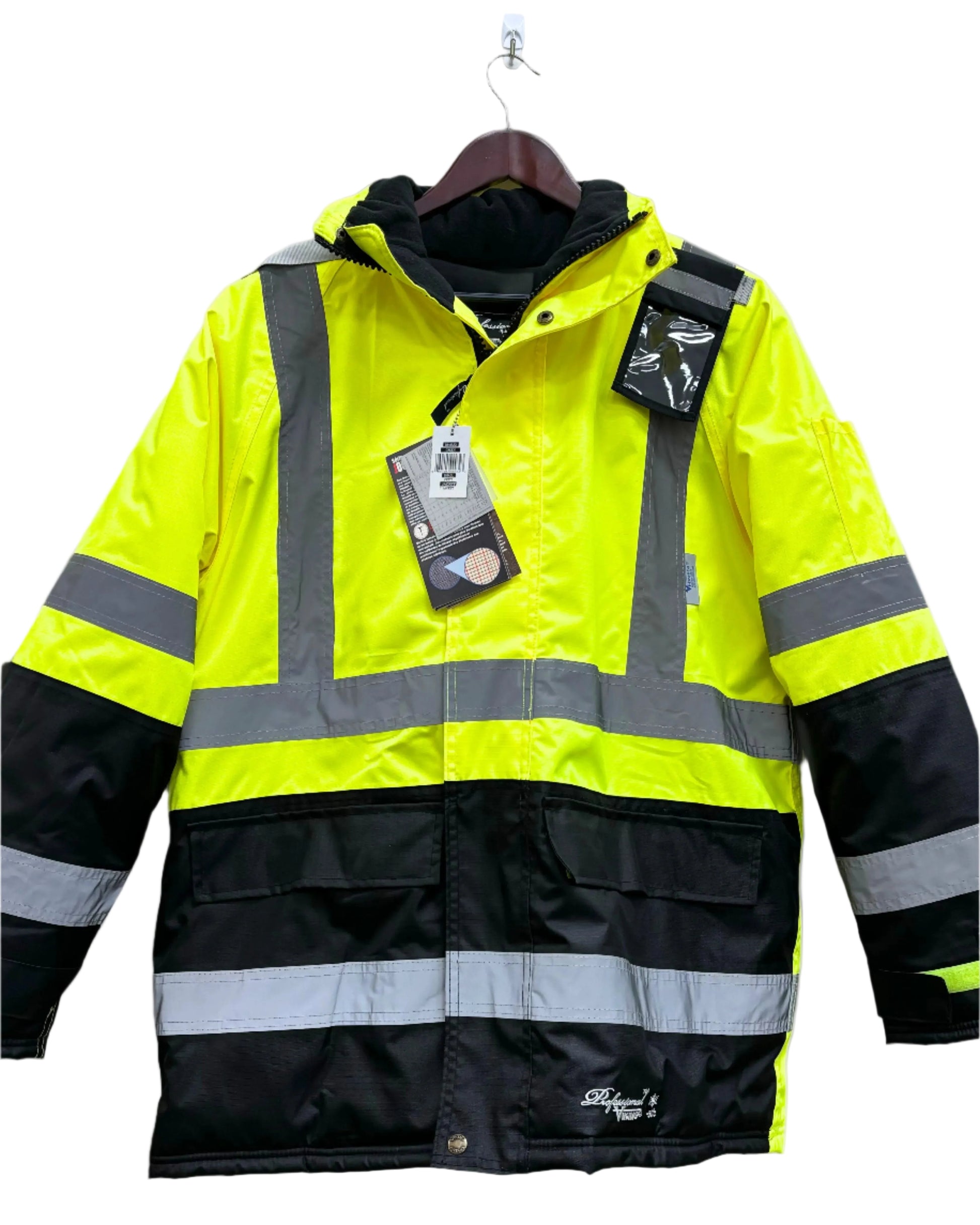 A professional safety jacket with high visibility yellow and black stripes, featuring a hood and made of heavy-duty 300 denier Trilobal ripstop polyester.