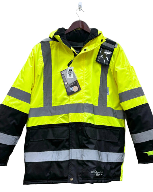 A professional safety jacket with high visibility yellow and black stripes, featuring a hood and made of heavy-duty 300 denier Trilobal ripstop polyester.