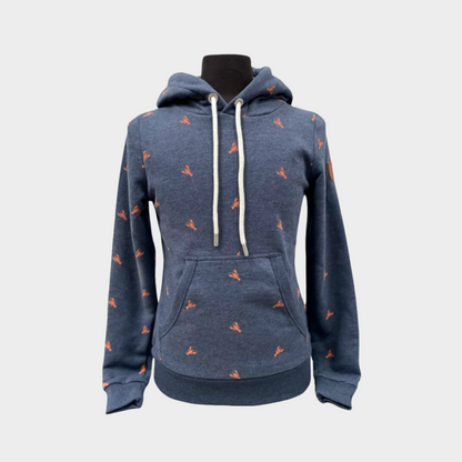 womens navy pullover hoodie with Kangaroo pocket & hood with adjustable white drawstrings and metal caps. Vegan leather Wanakome patch logo embroidered on sleeve