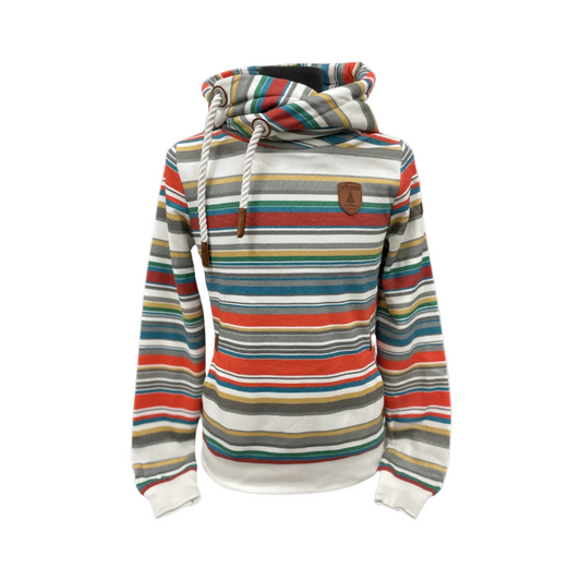 womens pullover hoodie with stripes of multiple colors and varying widths. Leather patch on left chest. Banded cuffs and bottom hem