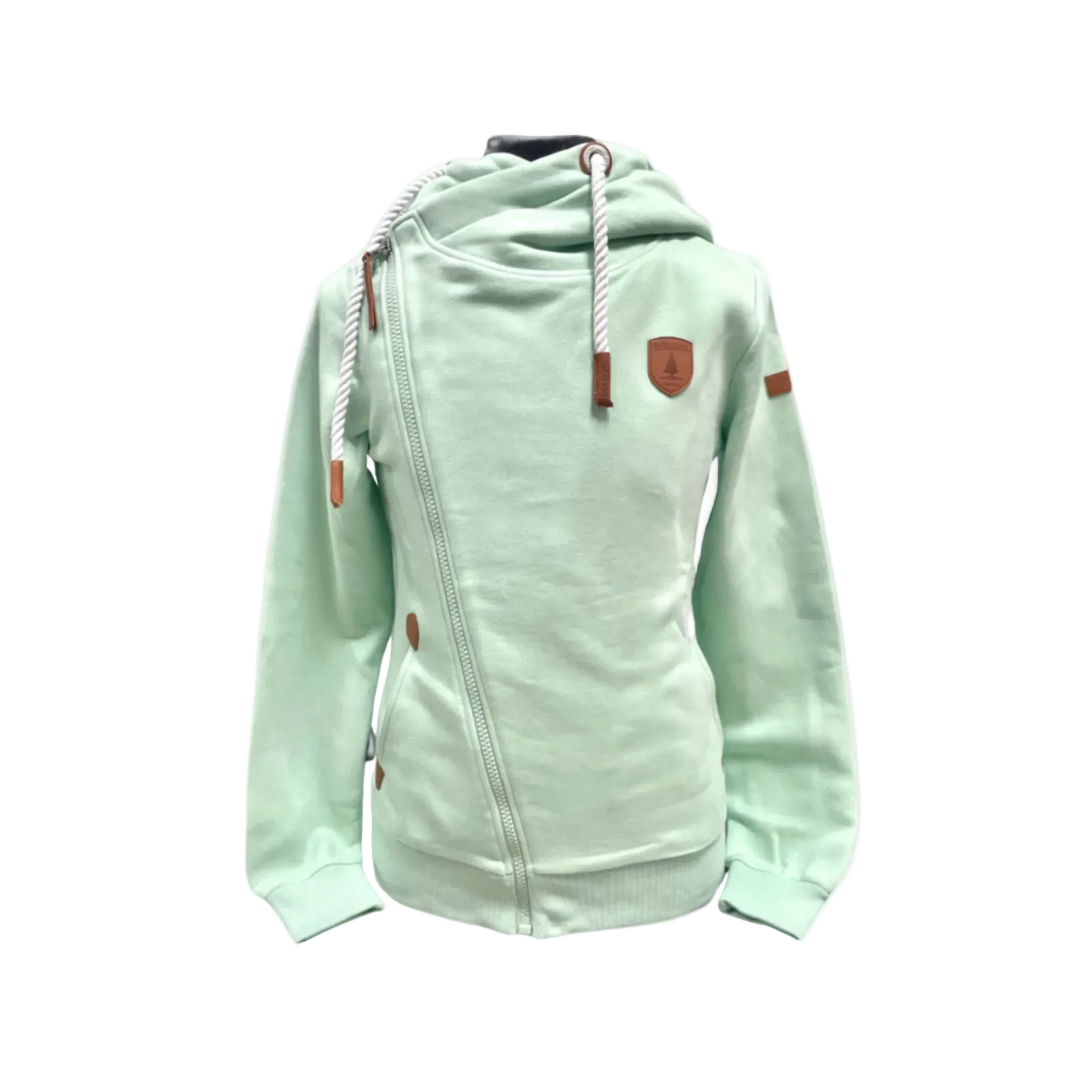 womens full zip hoodie straight zipper to the right shoulder with white rope cords. side pockets. Shown in pale cucumber green