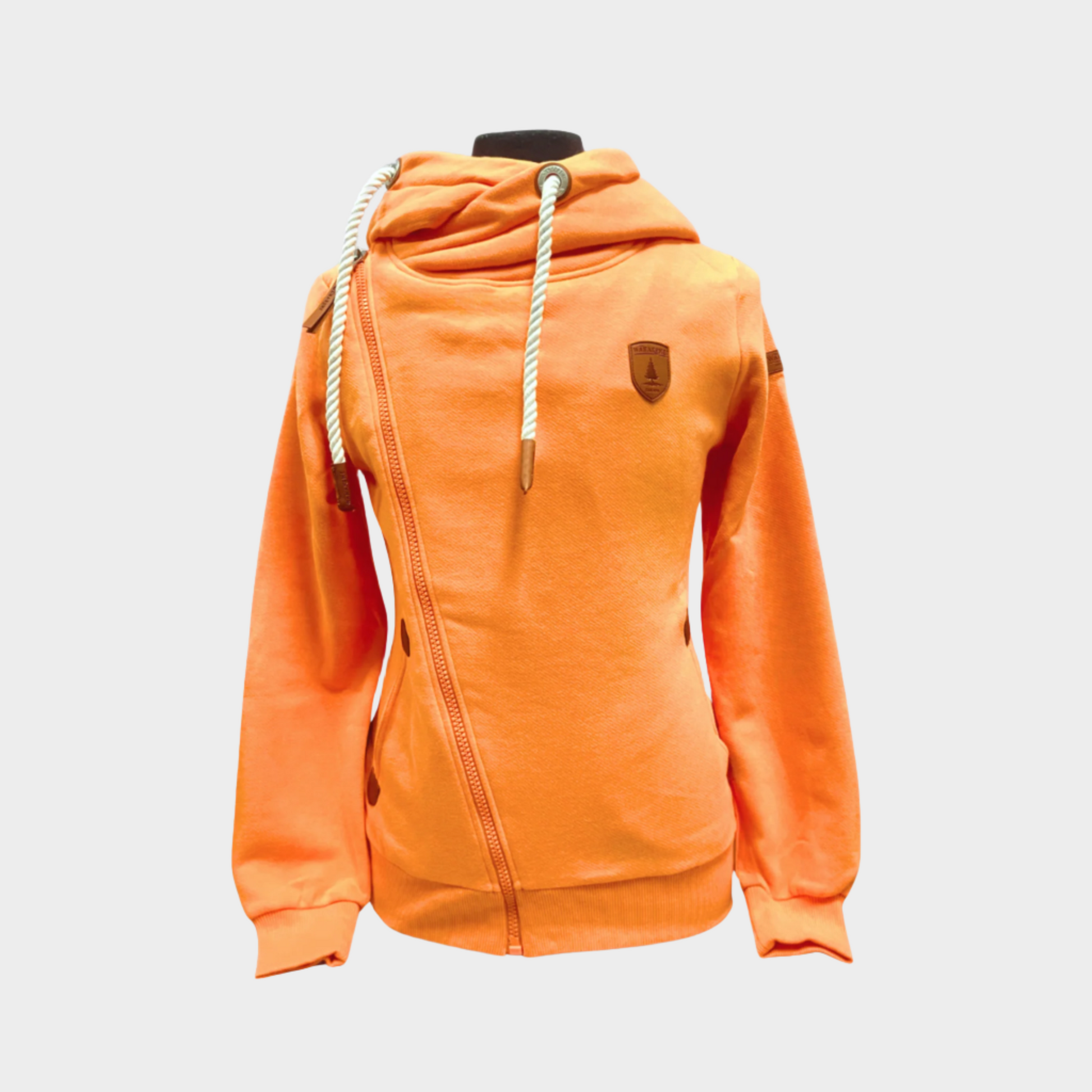 womens full zip hoodie straight zipper to the right shoulder with white rope cords. side pockets. Shown in pale orange
