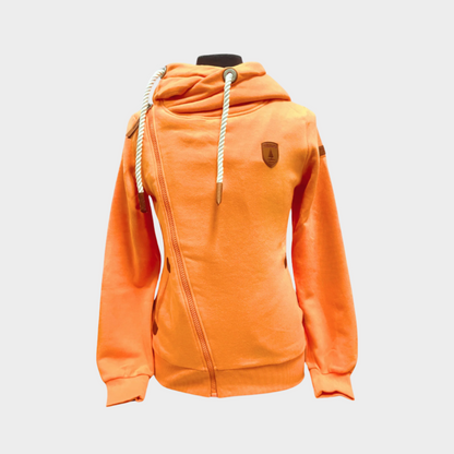 womens full zip hoodie straight zipper to the right shoulder with white rope cords. side pockets. Shown in pale orange