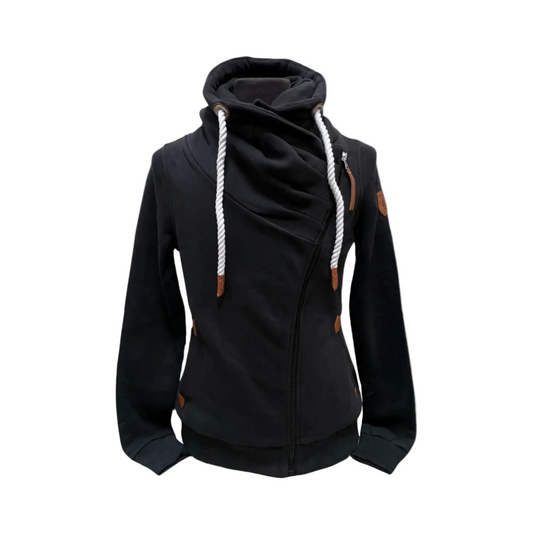 womens full zip sweatshirt diagonal to top left shoulder sweater with cowl and no hood. Shown in Black
