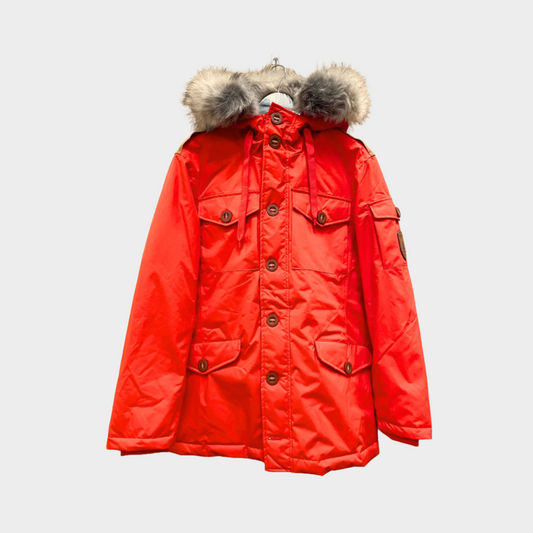 Long parka with multiple pockets, fur trim on the hood, and button closures.