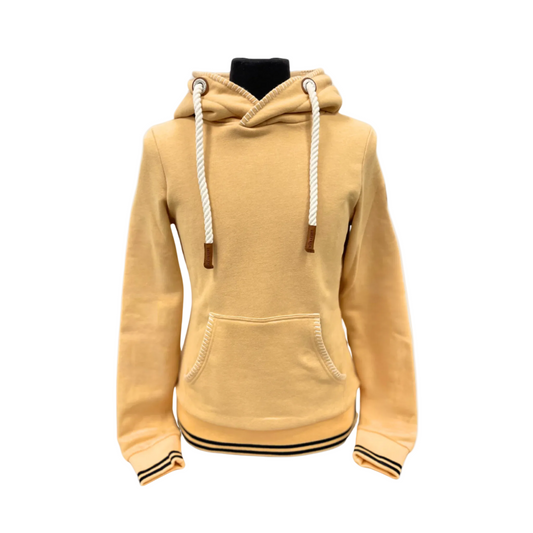 Womens pullover hoodie by Wanakome. Shown in apricot. Blanket stitching on hood and front pocket.