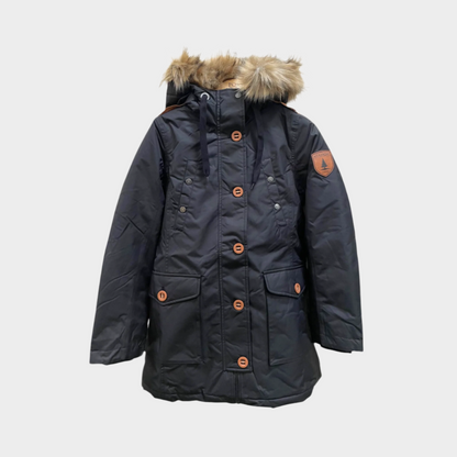 Womens waterproof parka in black. Four pockets on front, contrast buttons, inner backpack slings.