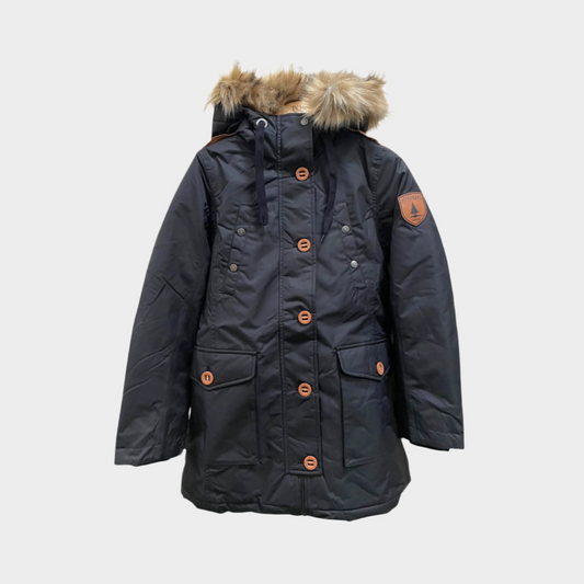 Womens waterproof parka in black. Four pockets on front, contrast buttons, inner backpack slings.