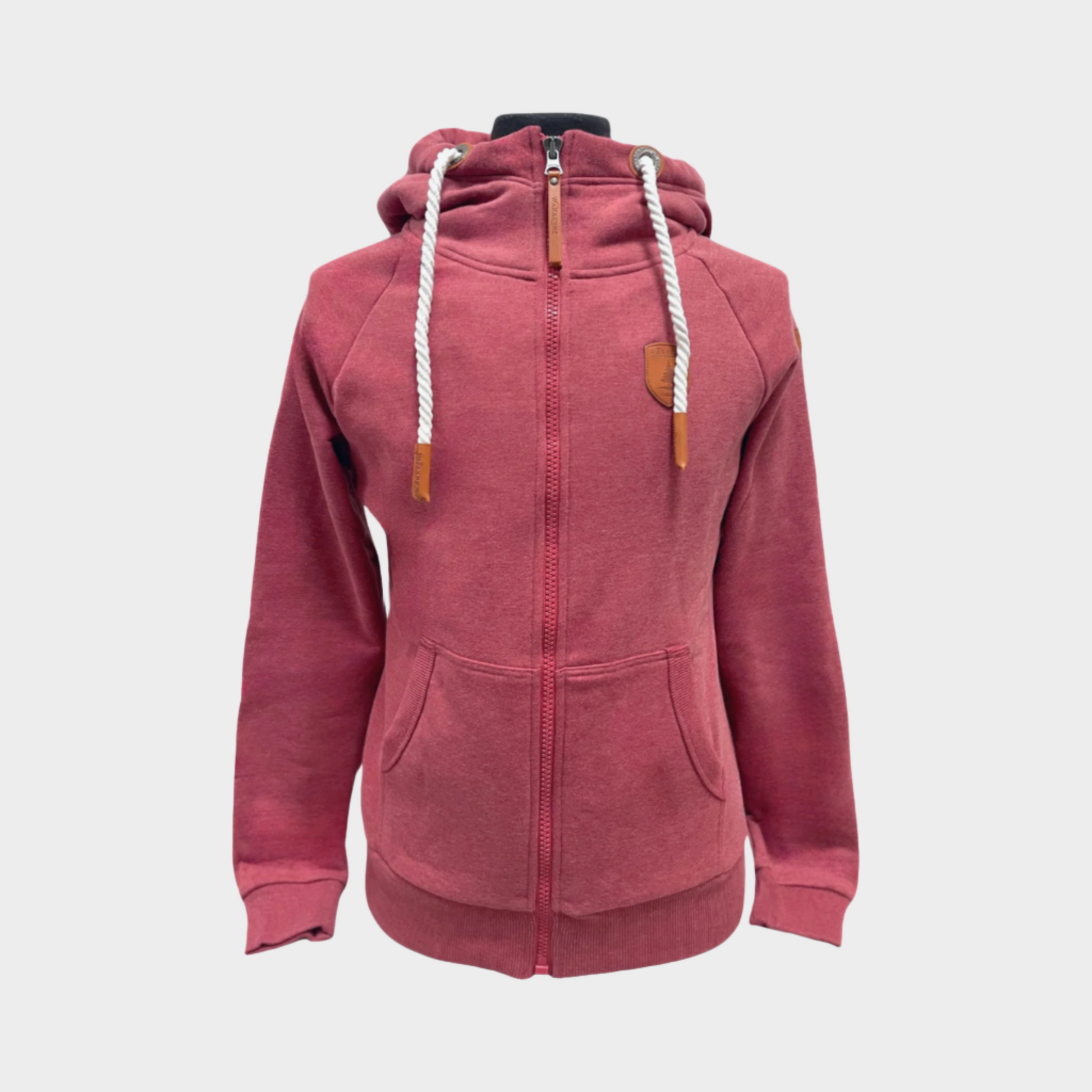 Womens Full zip hoodie with cowl neck.  Shown in berry, a maroon color