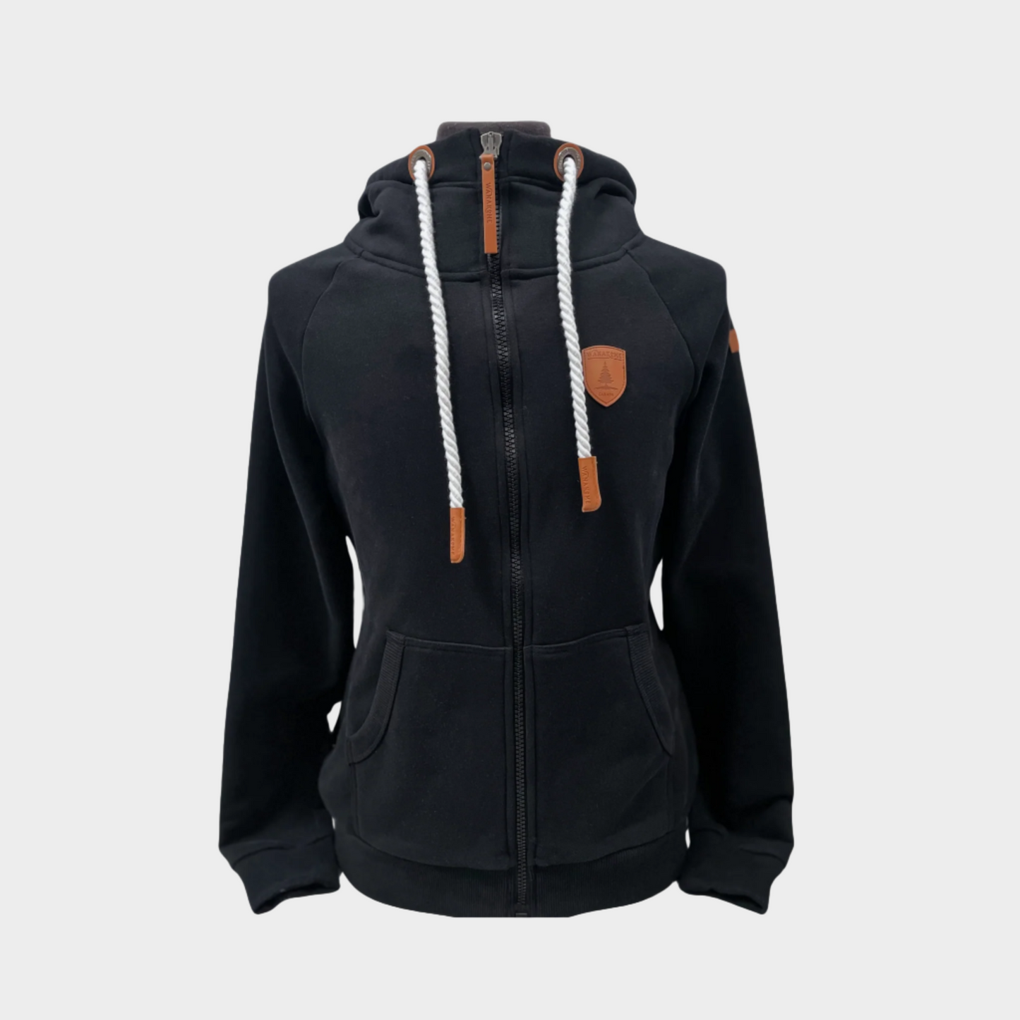 Womens Full zip hoodie with cowl neck. Shown in black.