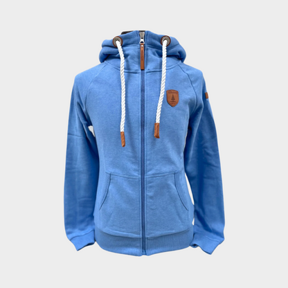 Womens Full zip hoodie with cowl neck. Shown in cobalt a bright blue