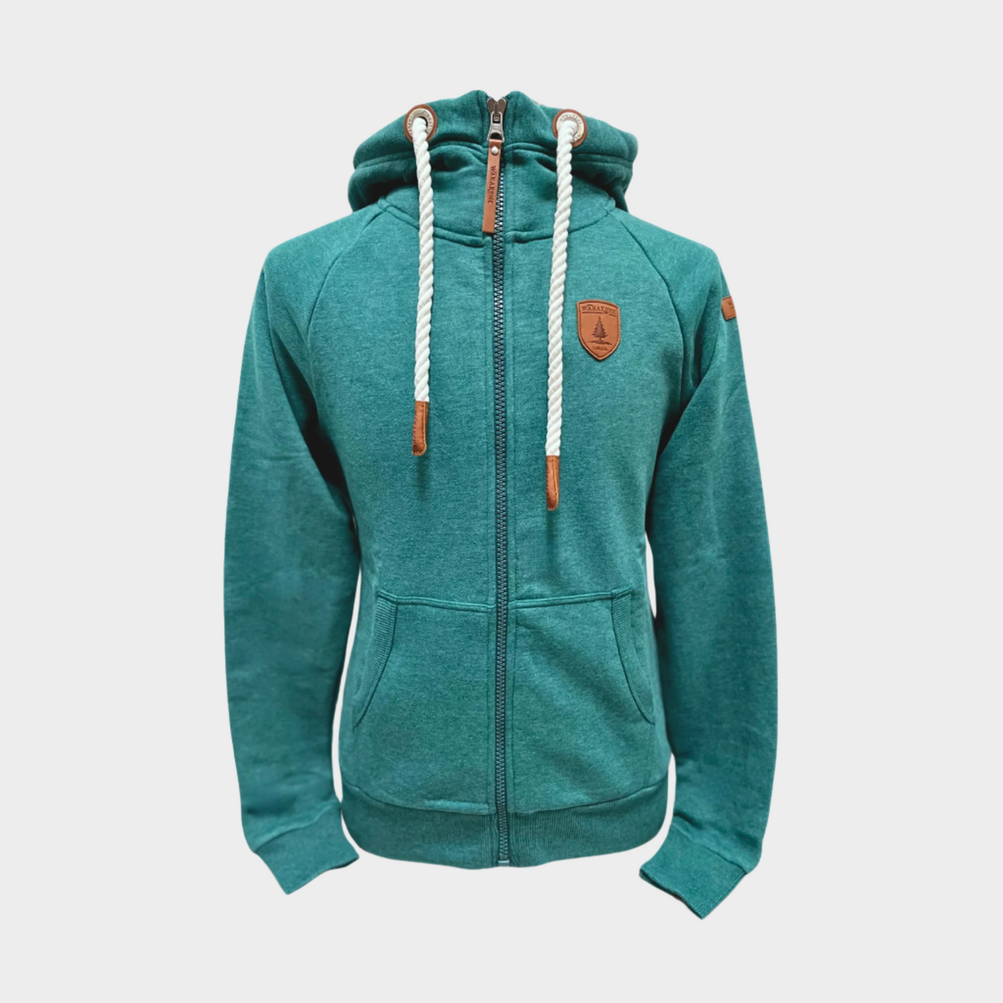 Womens Full zip hoodie with cowl neck. White rope drawstrings. Shown in mallard, a darker teal