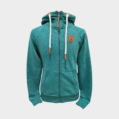 Womens Full zip hoodie with cowl neck. White rope drawstrings. Shown in mallard, a darker teal