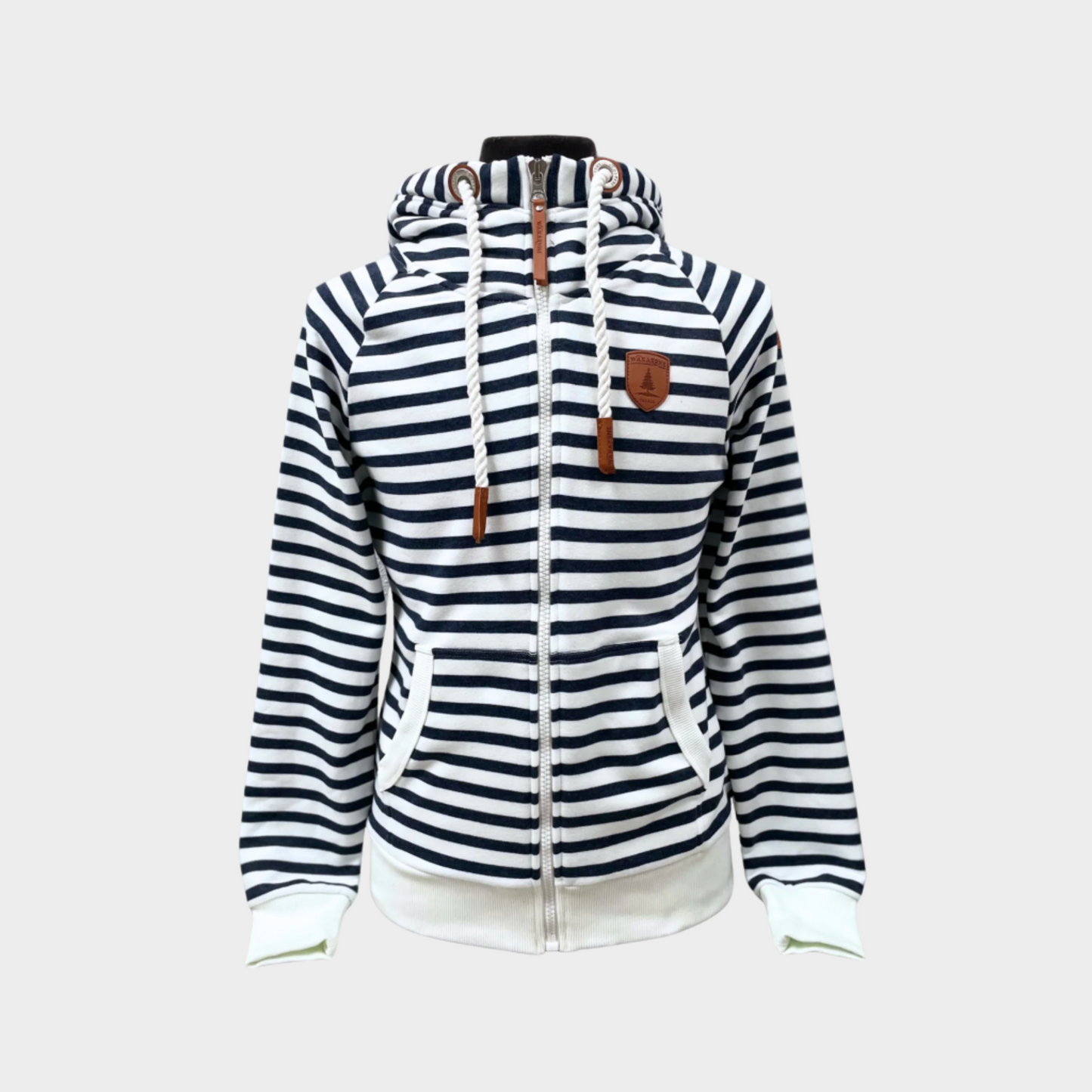 Womens Full zip hoodie with cowl neck. Shown in navy and white stripes.