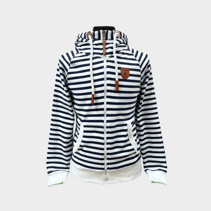 Womens Full zip hoodie with cowl neck. Shown in navy and white stripes.