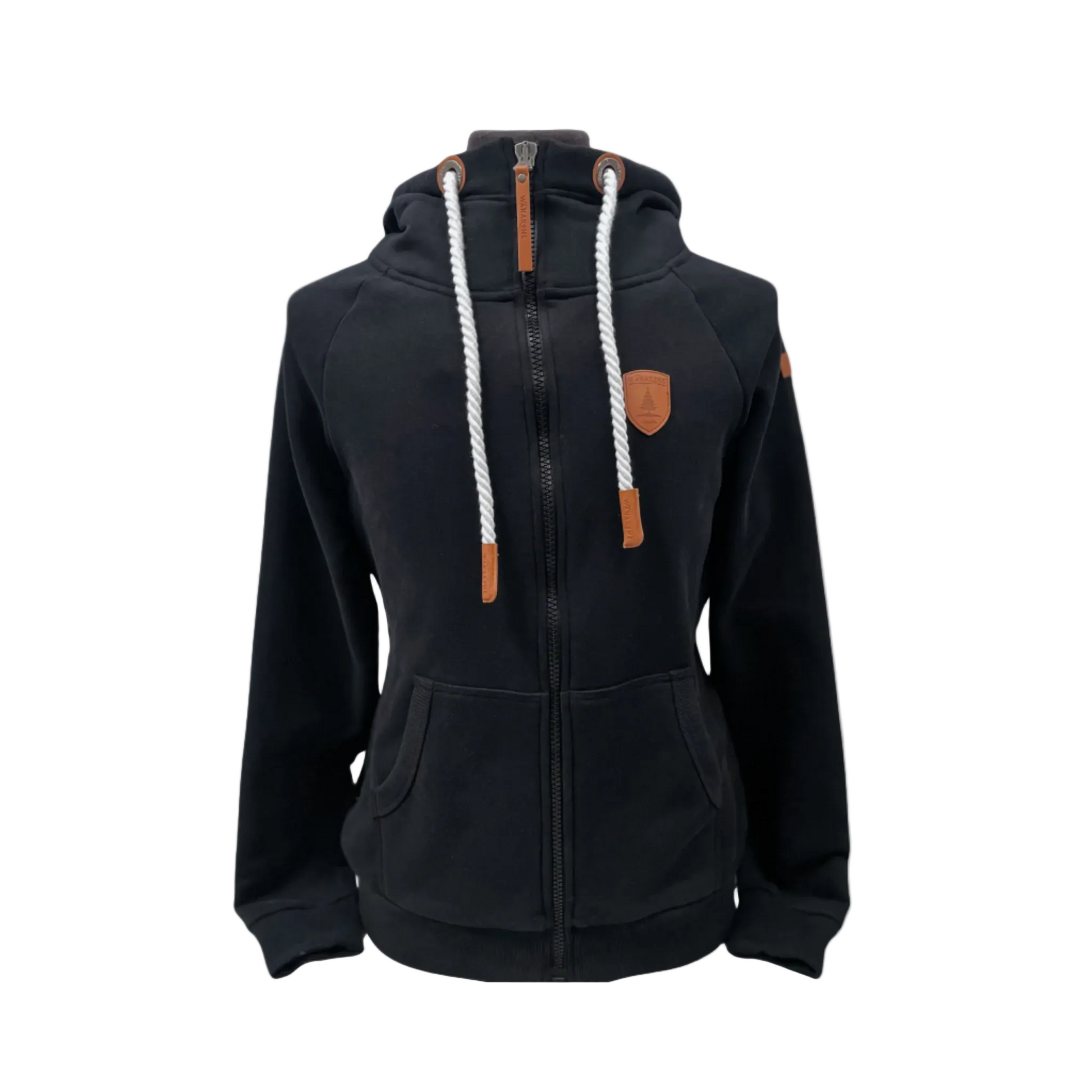 Womens Full zip hoodie with cowl neck. Shown in black.