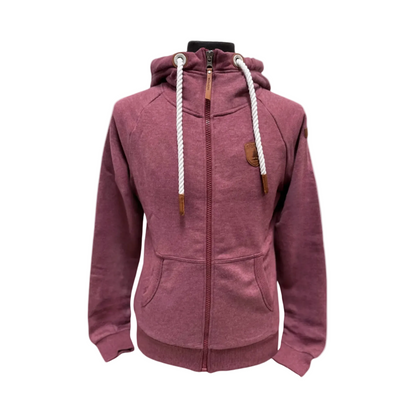 Womens Full zip hoodie with cowl neck. Shown in merlot, a darker burgundy. 