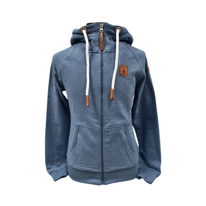 Womens Full zip hoodie with cowl neck.  Shown in heathered navy.