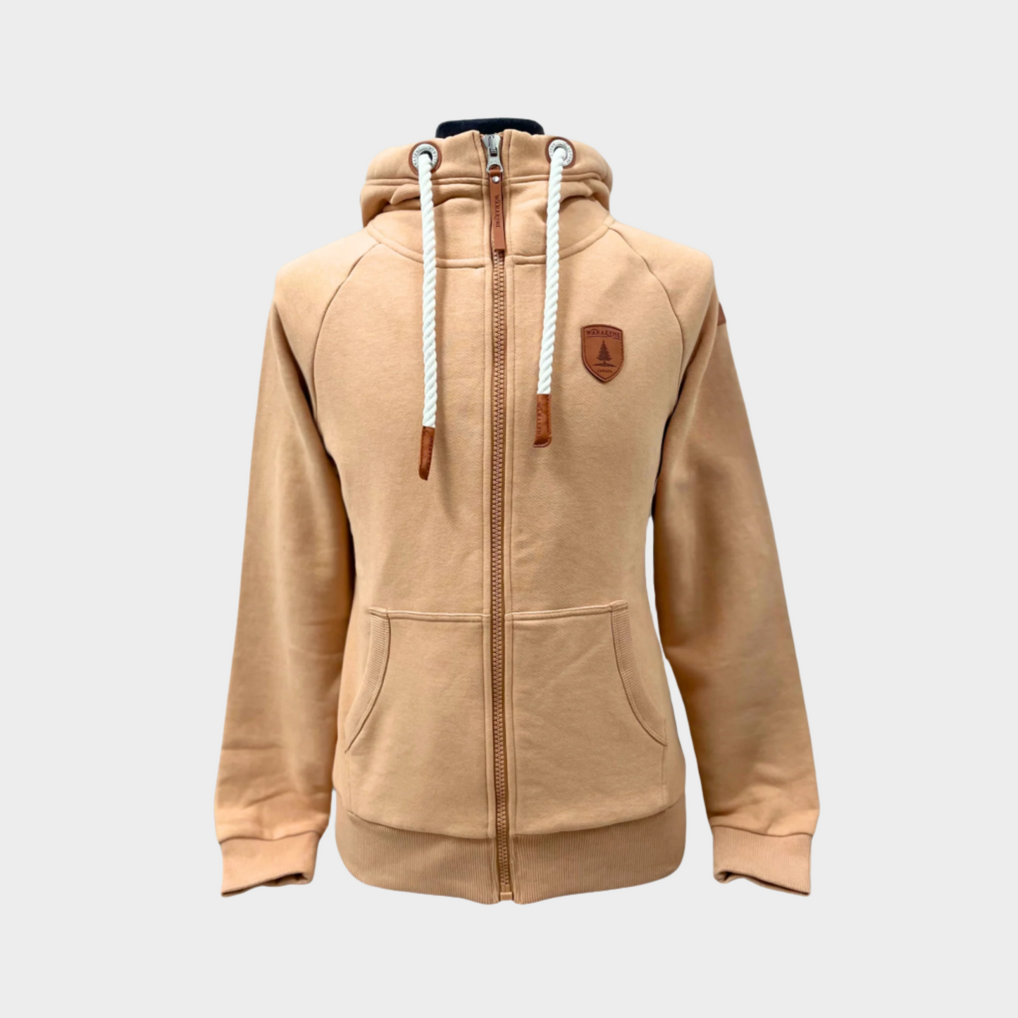 Womens Full zip hoodie with cowl neck. Shown in cookie, a tan beige. 