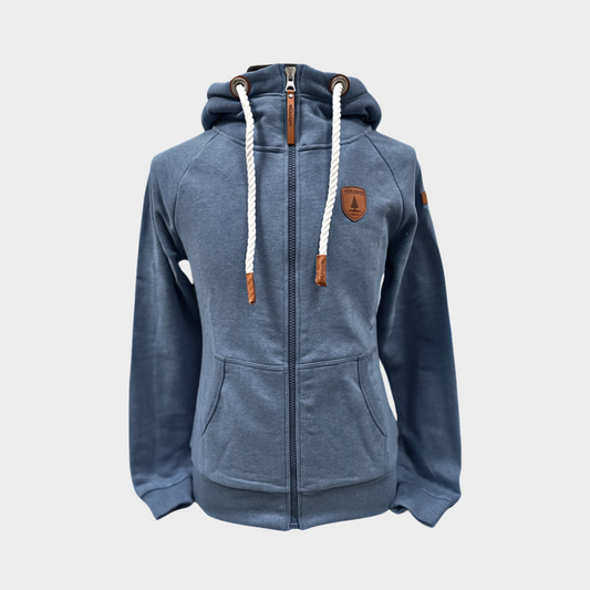 Womens Full zip hoodie with cowl neck.  Shown in heathered navy.